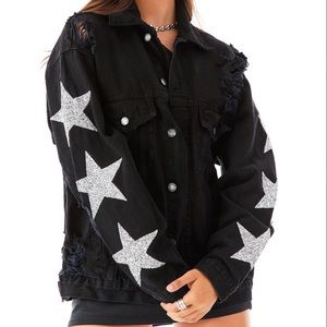 Black denim jacket with star sleeves
